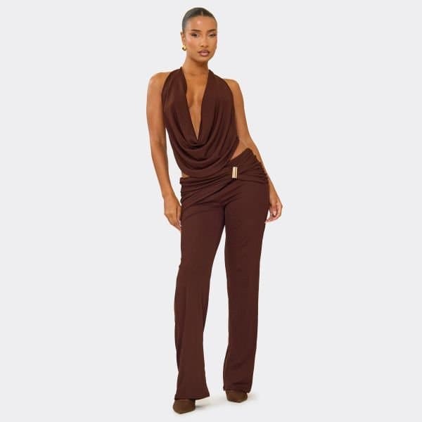 EGO EGO Ruched Panel Straight Leg Trousers in Chocolate Brown