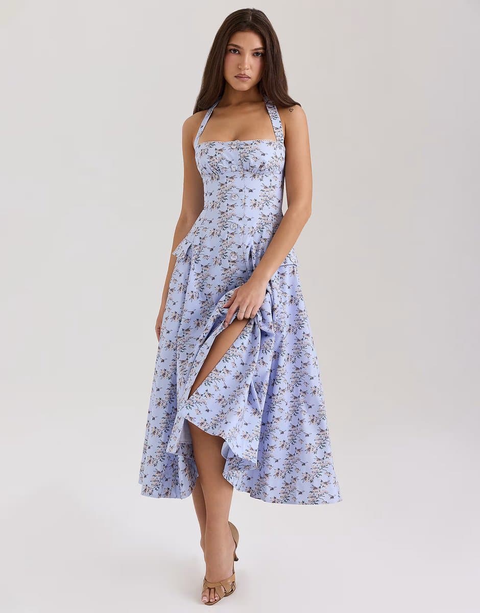 ASOS House of CB Claudia stretch cotton halter neck midi dress in blue floral print