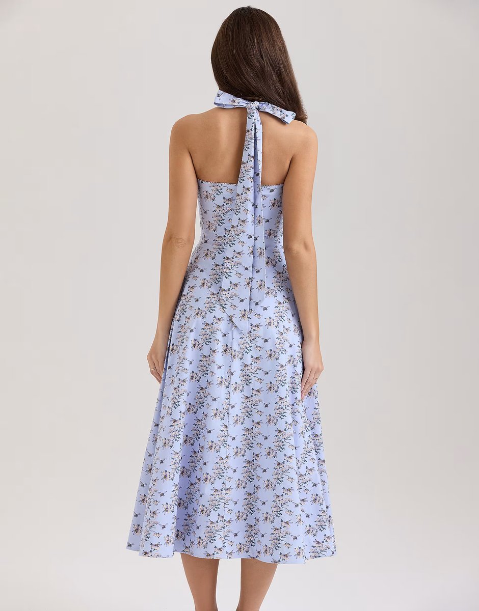 ASOS House of CB Claudia stretch cotton halter neck midi dress in blue floral print - 2