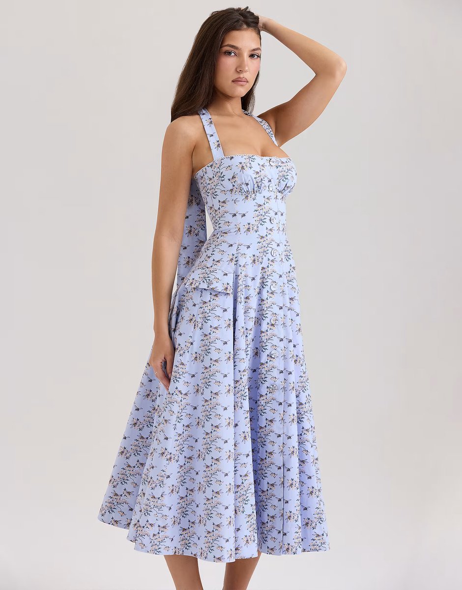 ASOS House of CB Claudia stretch cotton halter neck midi dress in blue floral print - 4