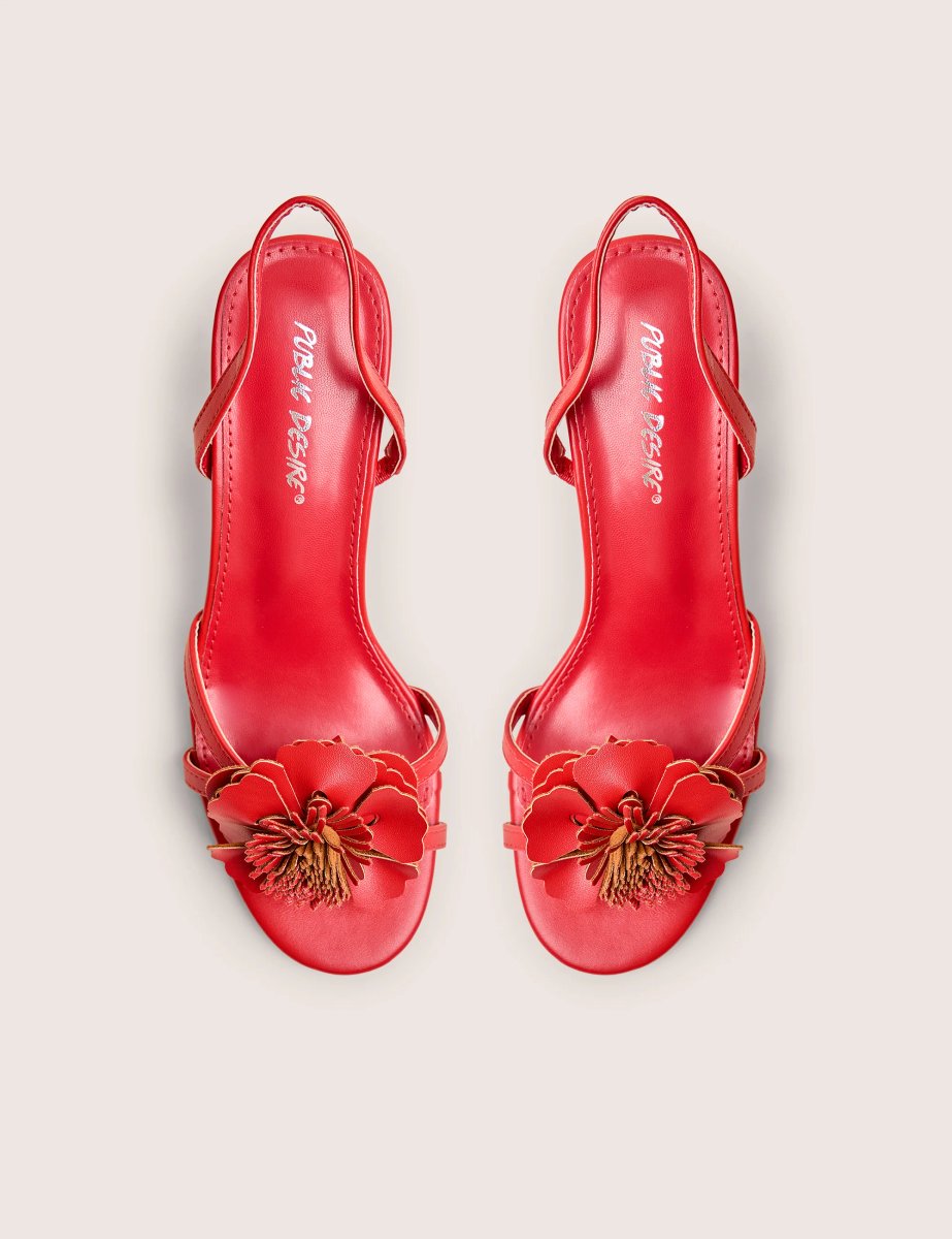 Public Desire Red Hot Red Pu 3d Flower Sling Back Mid Heels - 2