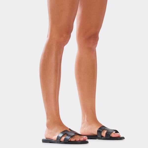 EGO Addison Caged Flat Slider Sandal In Black Croc Print Faux Leather, Women's Size UK 3