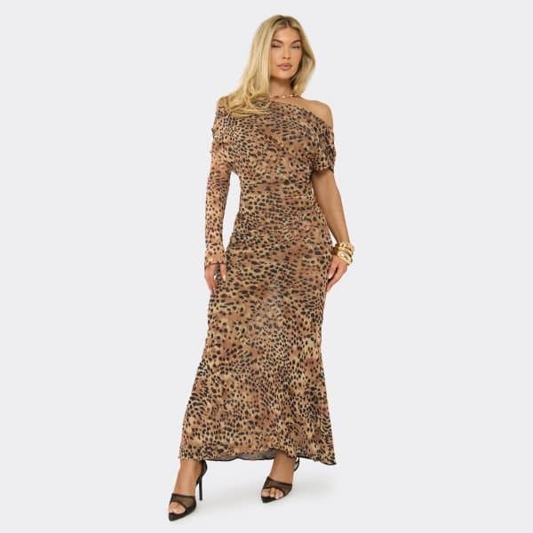 EGO One Sleeve Off The Shoulder Cowl Back Maxi Dress In Cheetah Print Mesh, Women's Size UK 6