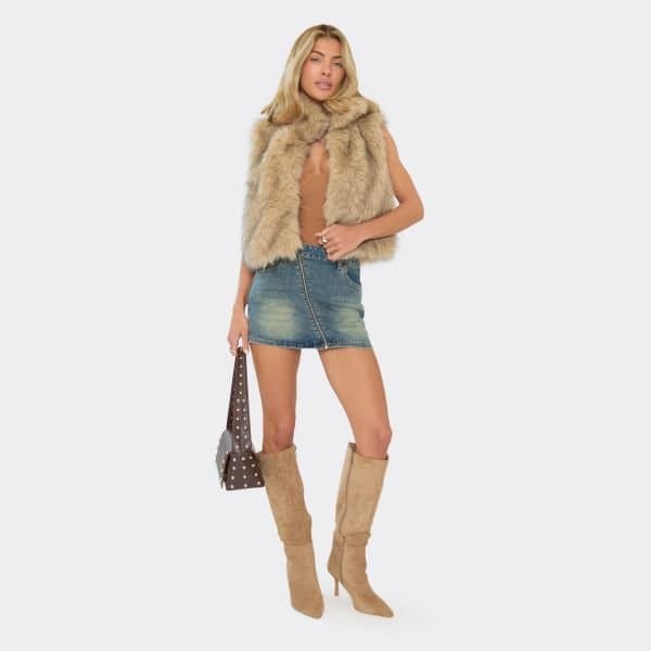 EGO Mid Rise Zip Detail Mini Skirt In Washed Blue Denim, Women's Size UK 6