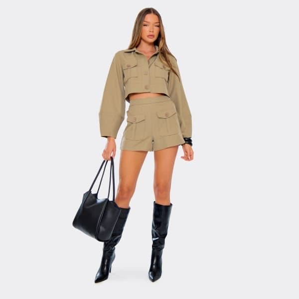 EGO High Rise Cargo Pocket Shorts In Taupe, Women's Size UK Large L