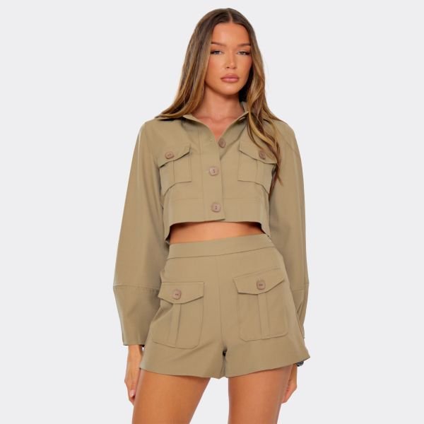 EGO High Rise Cargo Pocket Shorts In Taupe, Women's Size UK Large L - 2