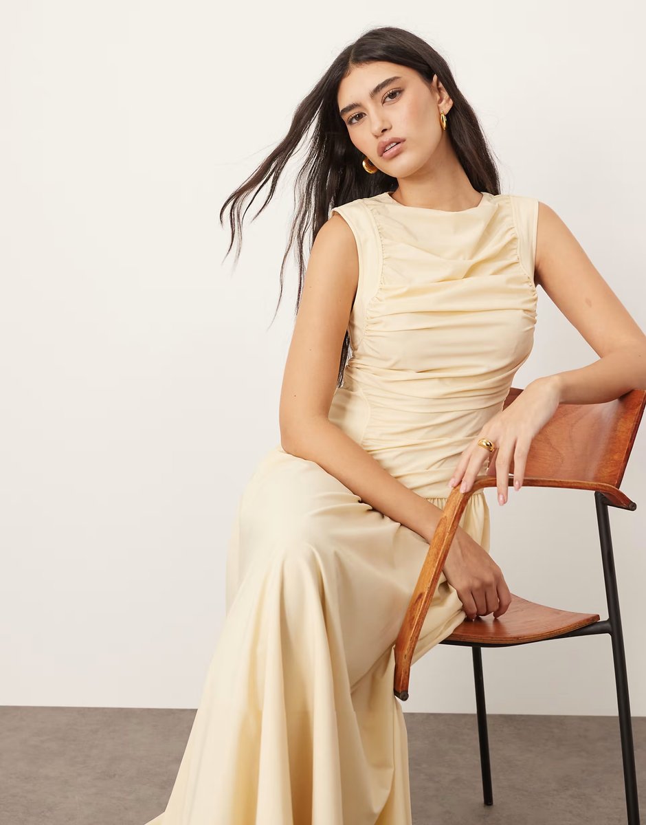 ASOS ARRANGE poplin ruched detail drop waist midi dress in buttermilk - 3
