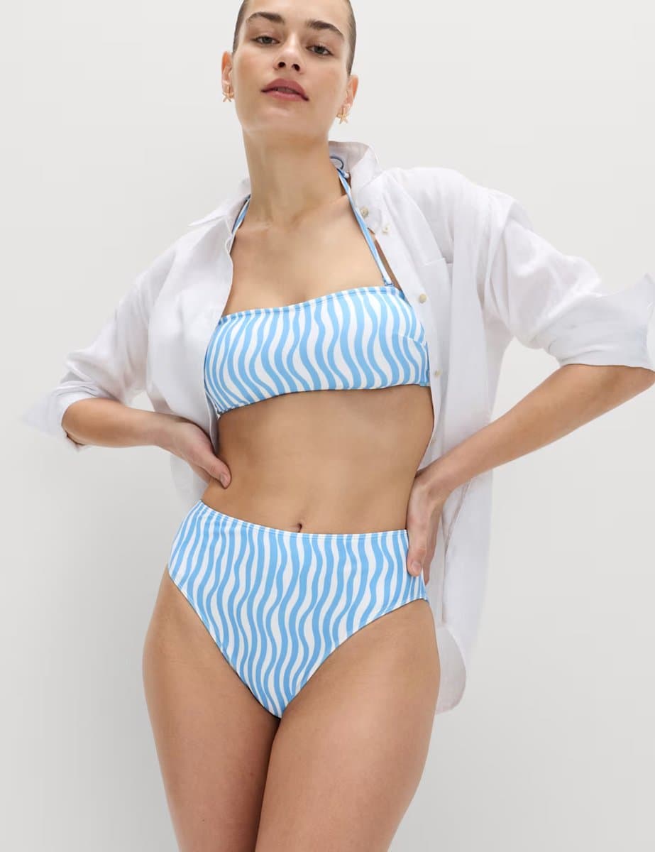 Marks & Spencer M&S Wave Print High Waist Bikini Bottoms in Blue Mix