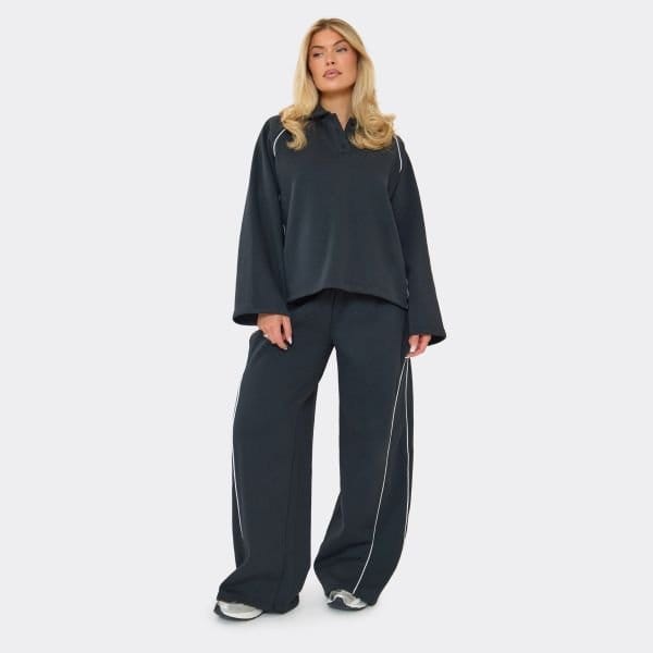 EGO Low Rise Contrast Stripe Wide Leg Joggers In Navy Blue, Women's Size UK 6 - 1
