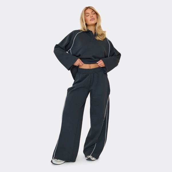 EGO Low Rise Contrast Stripe Wide Leg Joggers In Navy Blue, Women's Size UK 6 - 2