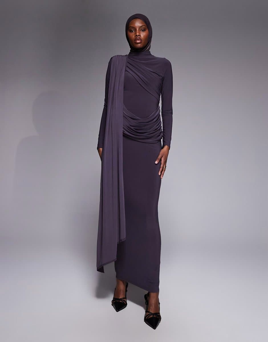 ASOS ASOS DESIGN long sleeve slinky draped maxi dress in slate grey
