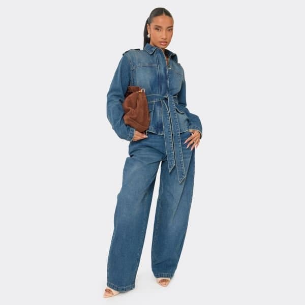EGO Mid Rise Barrel Leg Jeans In Mid Blue Denim, Women's Size UK 6