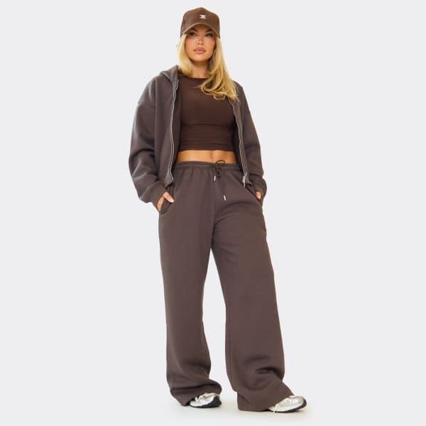 EGO EGO Low Rise Drawstring Wide Leg Joggers in Chocolate Brown