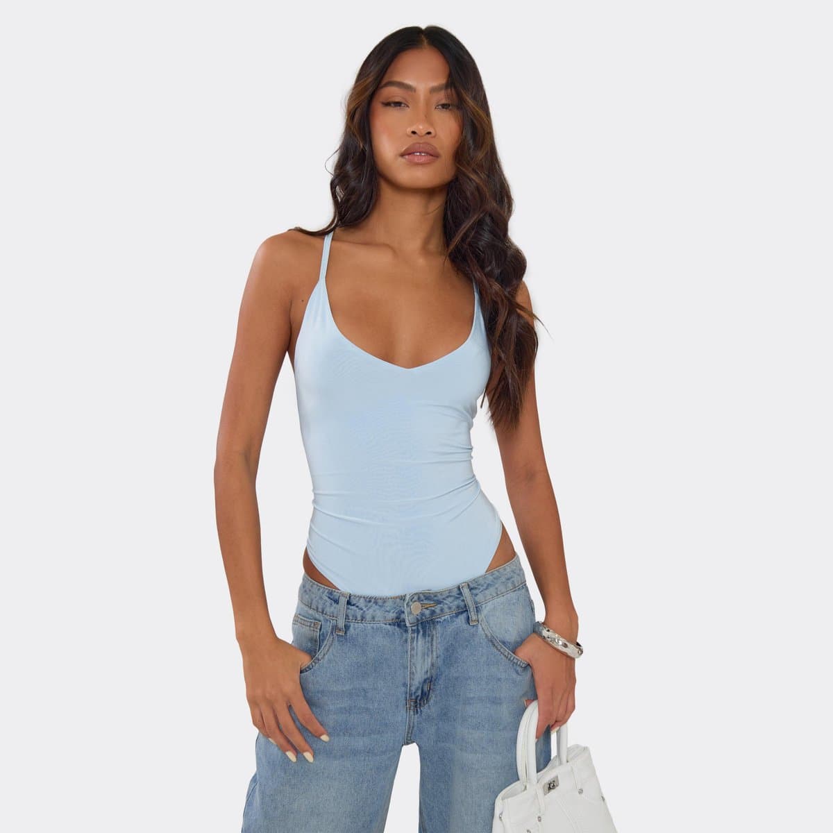 EGO Strappy Cross Back Detail Bodysuit In Baby Blue Slinky, Women's Size UK 6