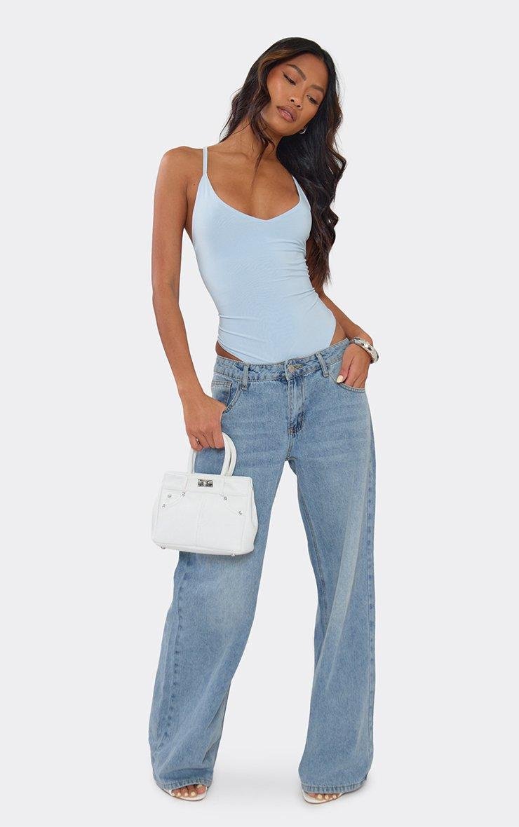 EGO Strappy Cross Back Detail Bodysuit In Baby Blue Slinky, Women's Size UK 6 - 2