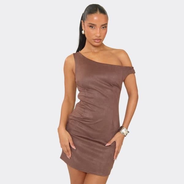 EGO Asymmetric Off Shoulder Mini Dress In Chocolate Brown Faux Suede, Women's Size UK 6