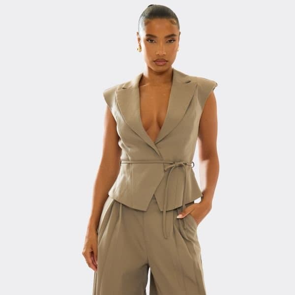 EGO EGO Sleeveless Belted Tie Waist Shoulder Pad Waistcoat in Taupe