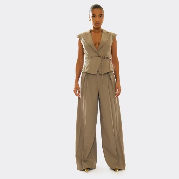 EGO Shoulder Pad Belted Tie Waist Sleeveless Waistcoat In Taupe, Women's Size UK 4 - 2