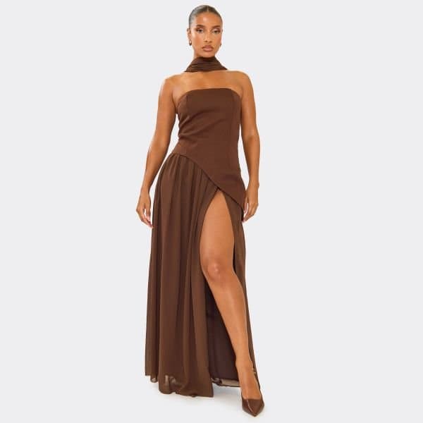 EGO Scarf Bandeau Contrast Pleated Hem Detail Maxi Dress In Chocolate Brown, Women's Size UK 6