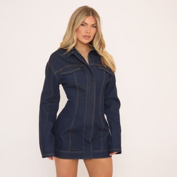 EGO Long Sleeve Cinch Waist Mini Dress In Dark Blue Denim, Women's Size UK 4