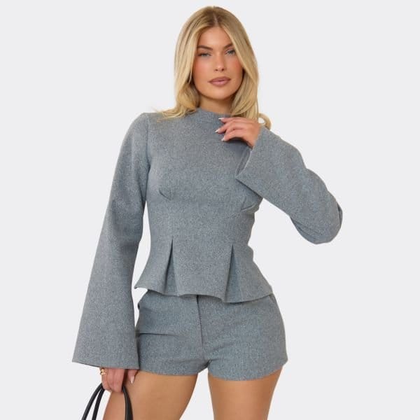 EGO High Neck Long Sleeve Pleat Hem Wool-Look Top In Grey, Women's Size UK 6 - 1
