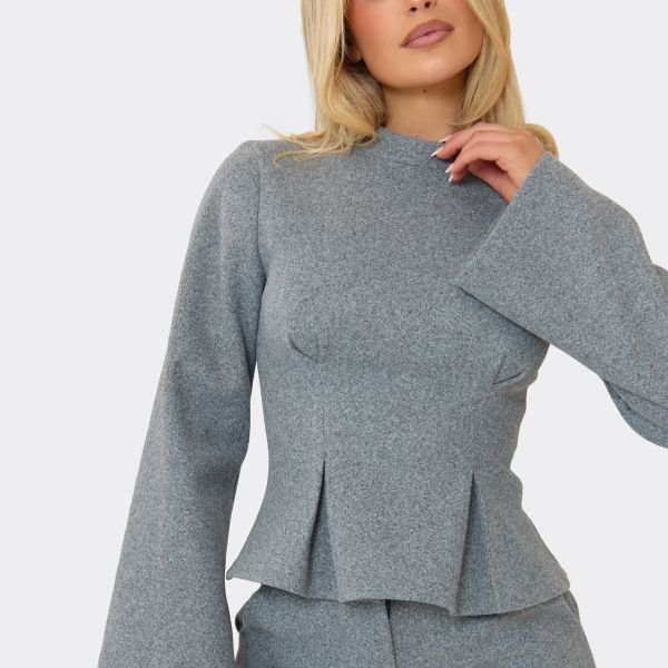EGO High Neck Long Sleeve Pleat Hem Wool-Look Top In Grey, Women's Size UK 6 - 2