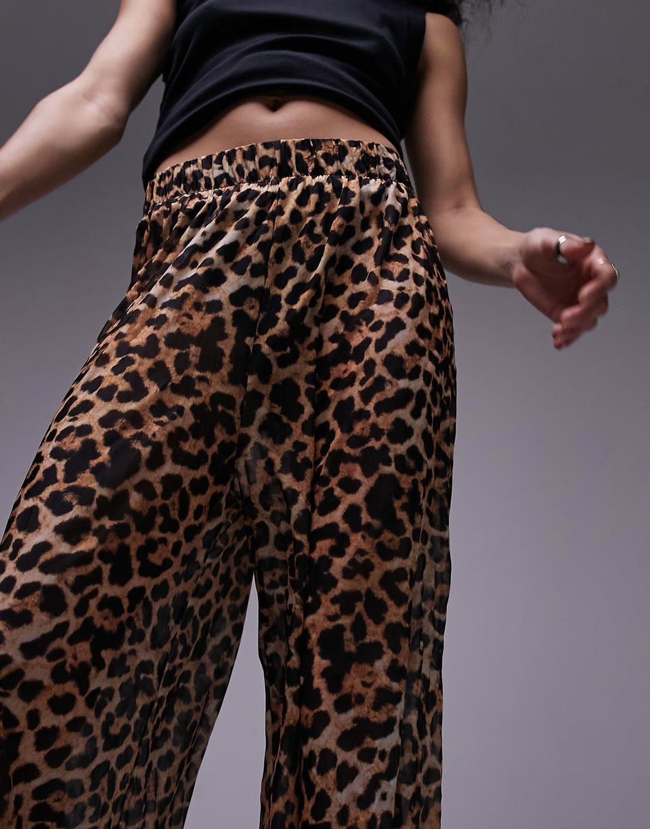 ASOS Topshop leopard print sheer crinkle trouser in brown - 3