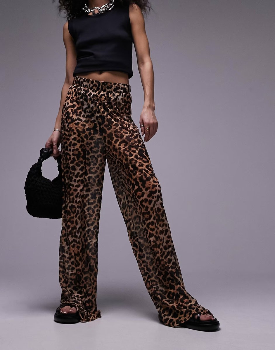 ASOS Topshop leopard print sheer crinkle trouser in brown - 4