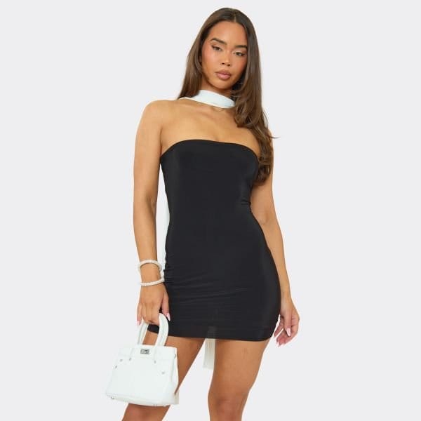 EGO Bandeau Contrast Scarf Detail Mini Dress In Black, Women's Size UK 6 - 2