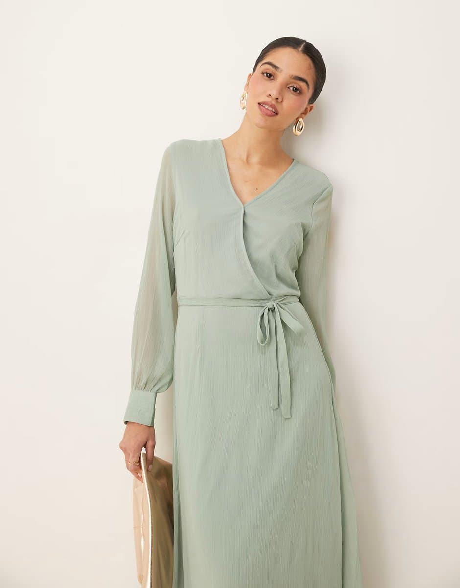 ASOS ASOS Vila Long Sleeve V-Neck Midi Dress in Sage Green