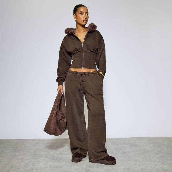 EGO Low Rise Wide Leg Joggers In Washed Chocolate Brown, Women's Size UK 6 - 1
