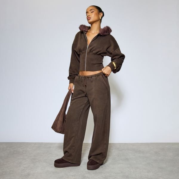 EGO Low Rise Wide Leg Joggers In Washed Chocolate Brown, Women's Size UK 6 - 2