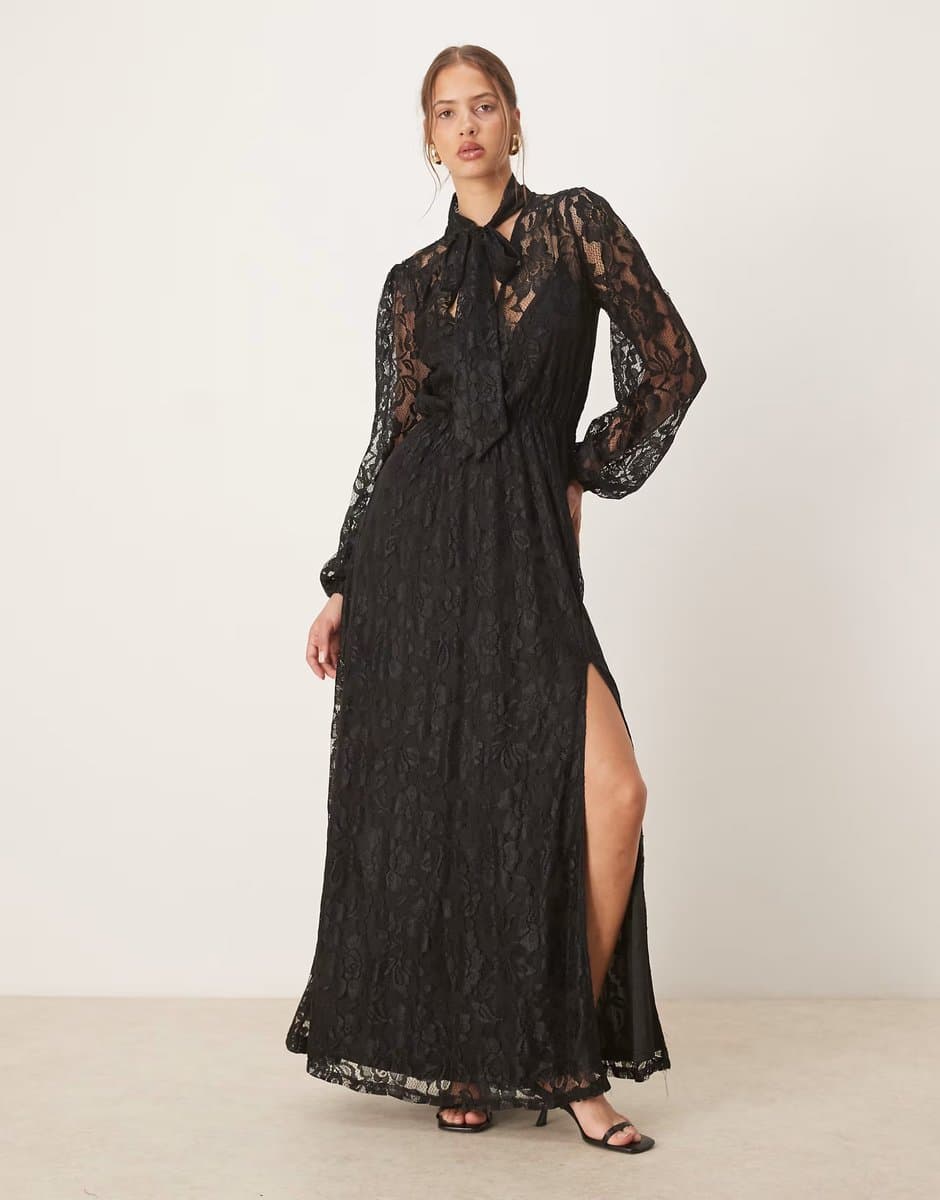 ASOS Maya Tie neck long sleeve lace maxi dress in black