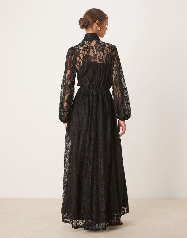 ASOS Maya Tie neck long sleeve lace maxi dress in black - 3