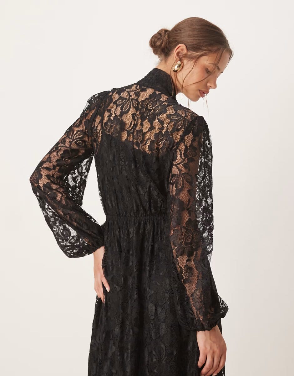 ASOS Maya Tie neck long sleeve lace maxi dress in black - 4