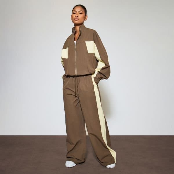 EGO Low Rise Drawstring Side Stripe Wide Leg Track Pants In Brown Shell, Women's Size UK 6