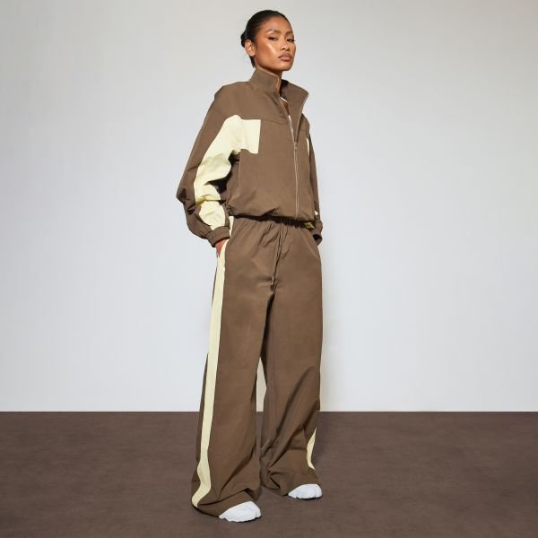 EGO Low Rise Drawstring Side Stripe Wide Leg Track Pants In Brown Shell, Women's Size UK 6 - 2