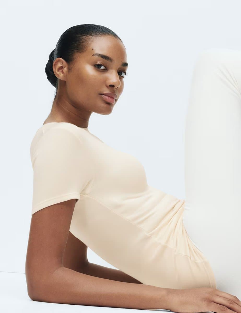 Marks & Spencer M&S Medium Short Sleeve Thermal Top in Cream