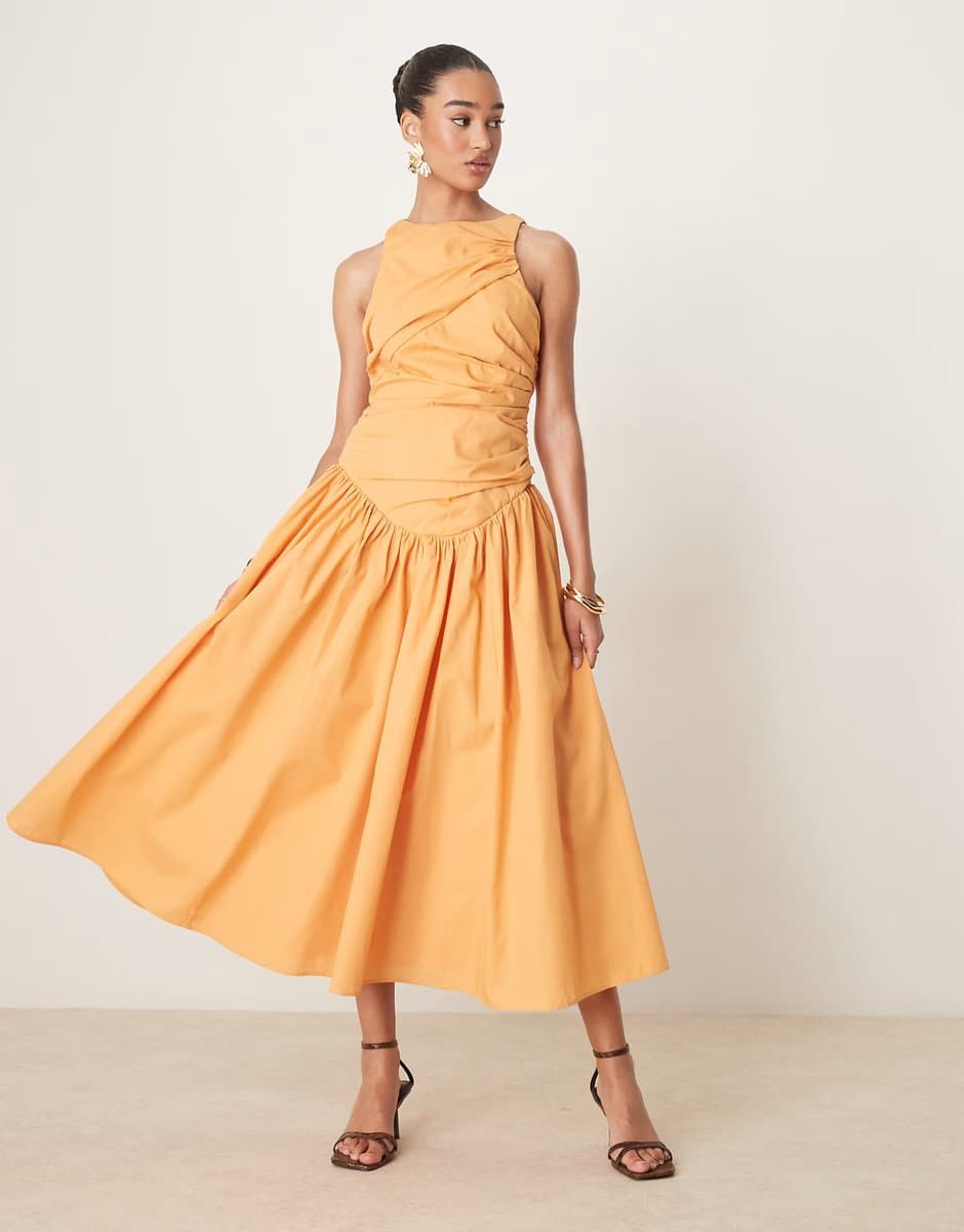 ASOS ASOS DESIGN structured ruched full skirt maxi dress in apricot