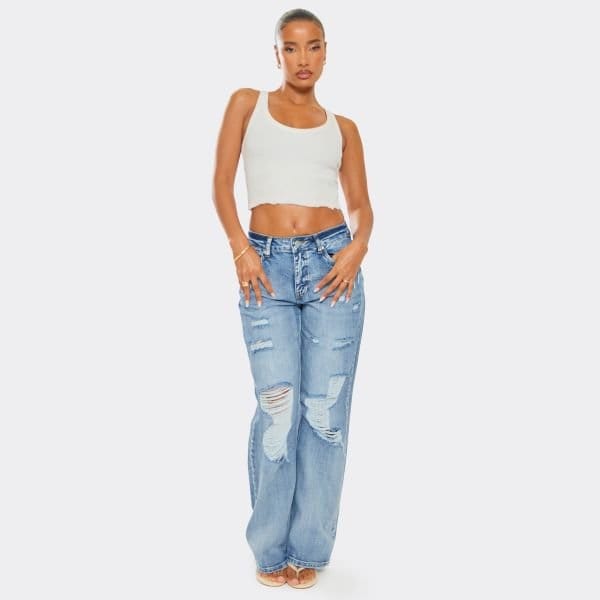 EGO Mid Rise Distressed Ripped Detail Jeans In Washed Blue Denim, Women's Size UK Small S - 1