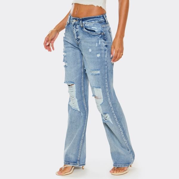 EGO Mid Rise Distressed Ripped Detail Jeans In Washed Blue Denim, Women's Size UK Small S - 2