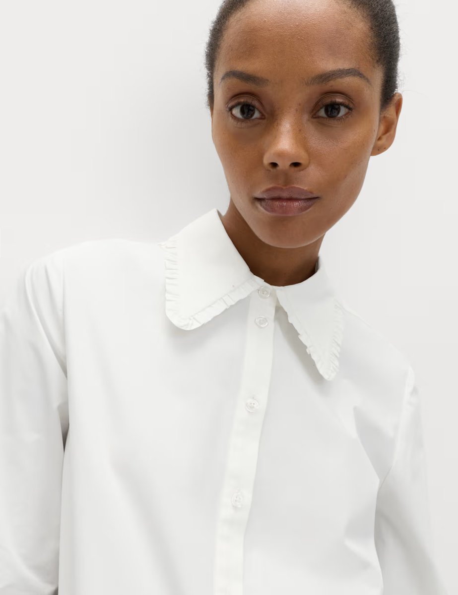 Marks & Spencer M&S Pure Cotton Collared Frill Detail Shirt White - 2