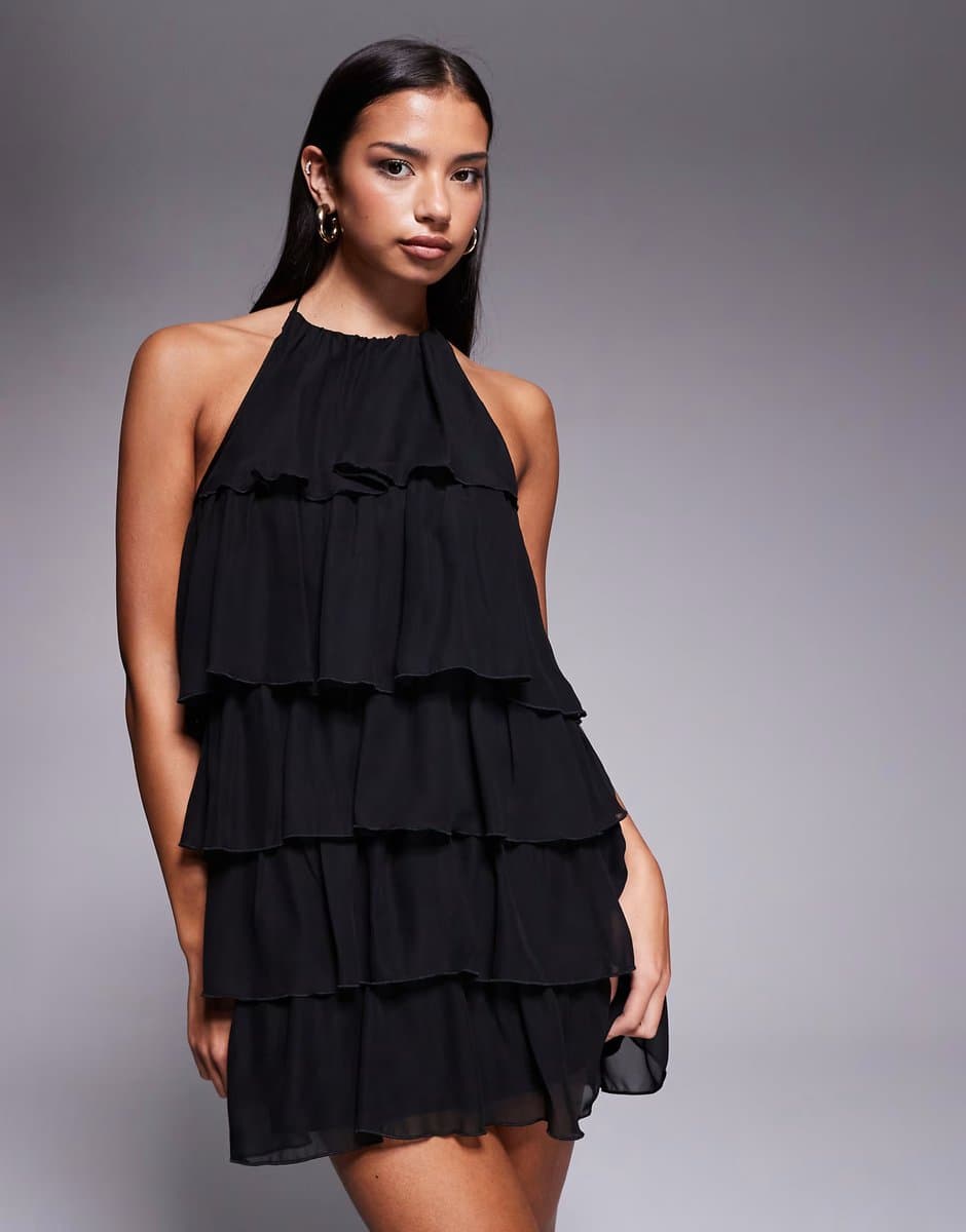 ASOS Fashionkilla exclusive chiffon halterneck tiered ruffle mini dress in black