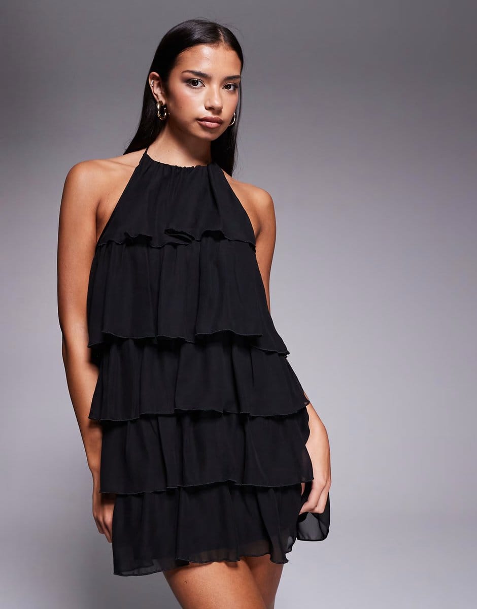 ASOS Fashionkilla exclusive chiffon halterneck tiered ruffle mini dress in black - 1