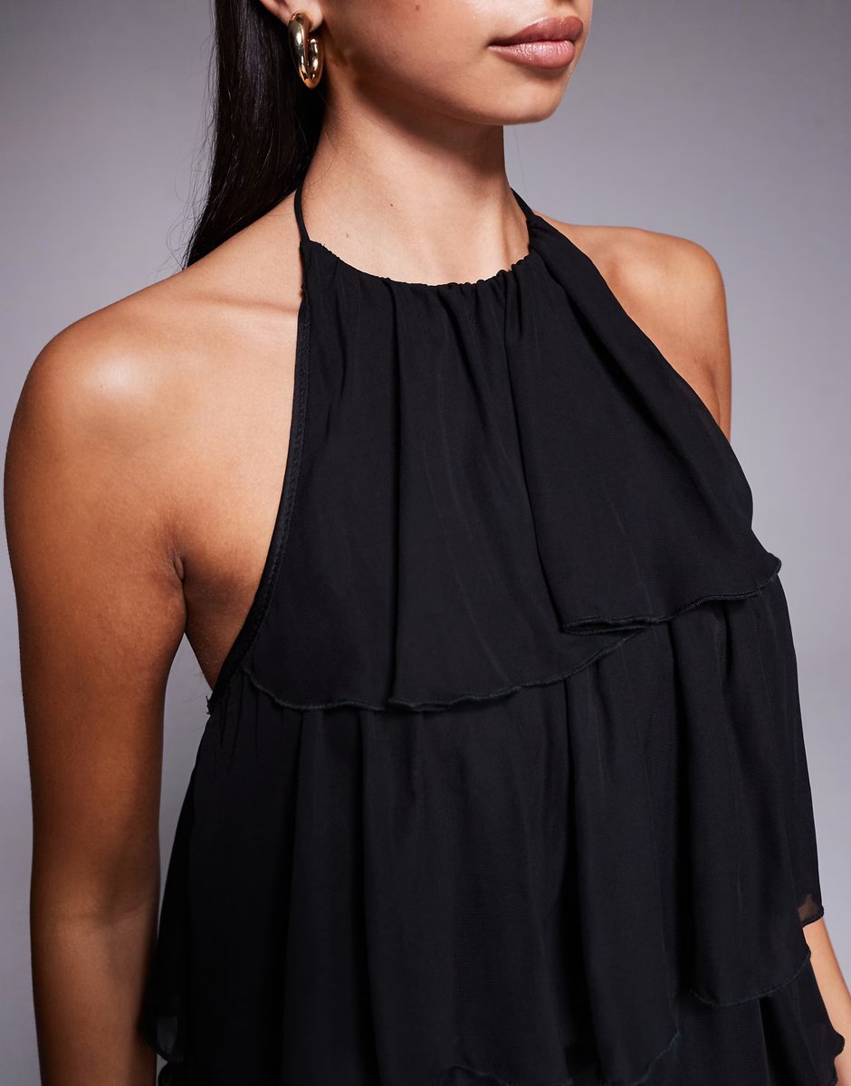 ASOS Fashionkilla exclusive chiffon halterneck tiered ruffle mini dress in black - 4