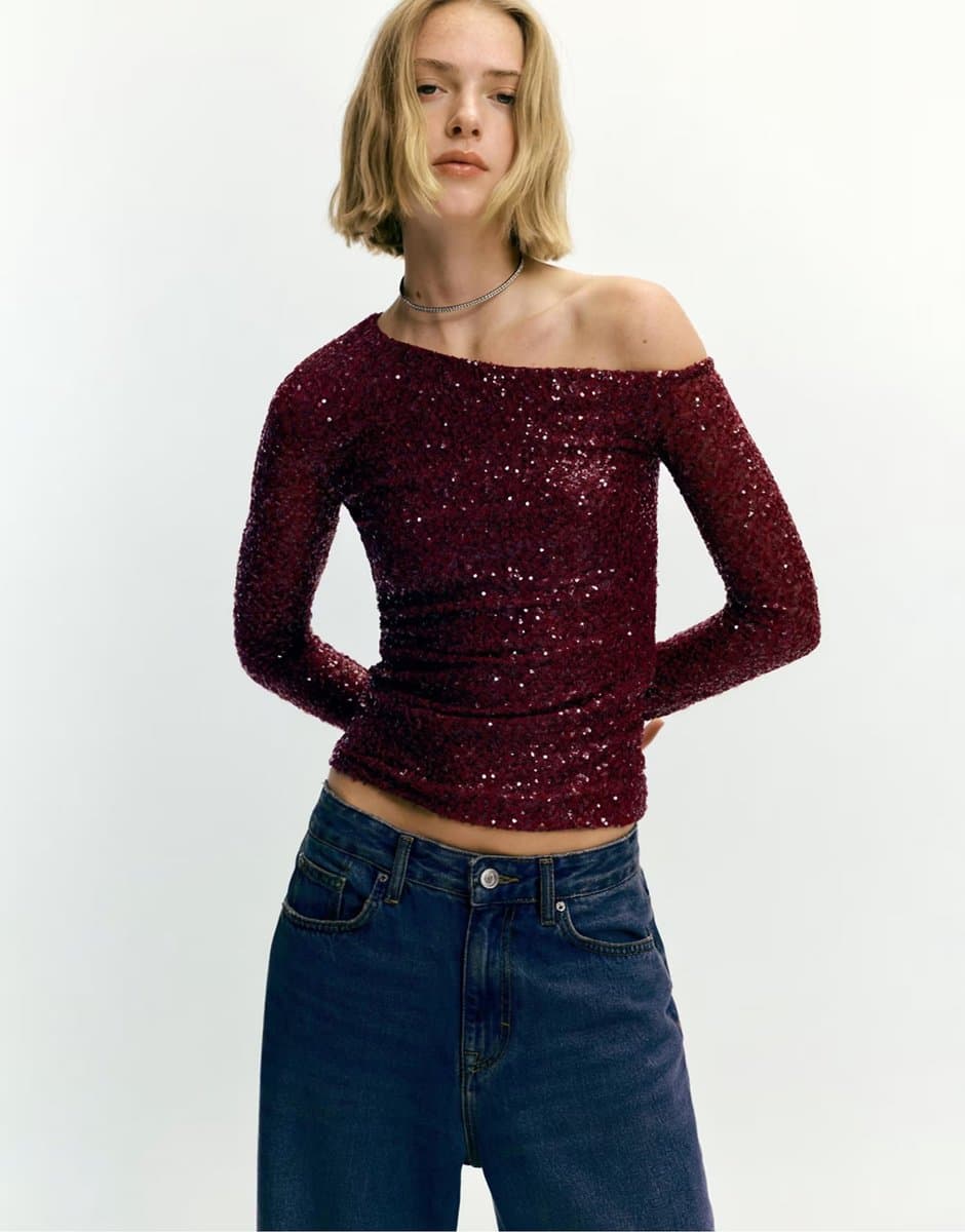 ASOS Pull&Bear Sequin asymmetric top in maroon