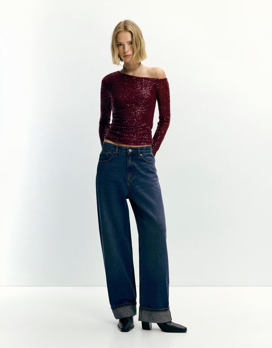 ASOS Pull&Bear Sequin asymmetric top in maroon - 4