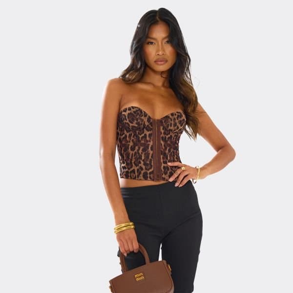 EGO Bandeau Underwire Corset Top In Brown Leopard Print, Women's Size UK 6