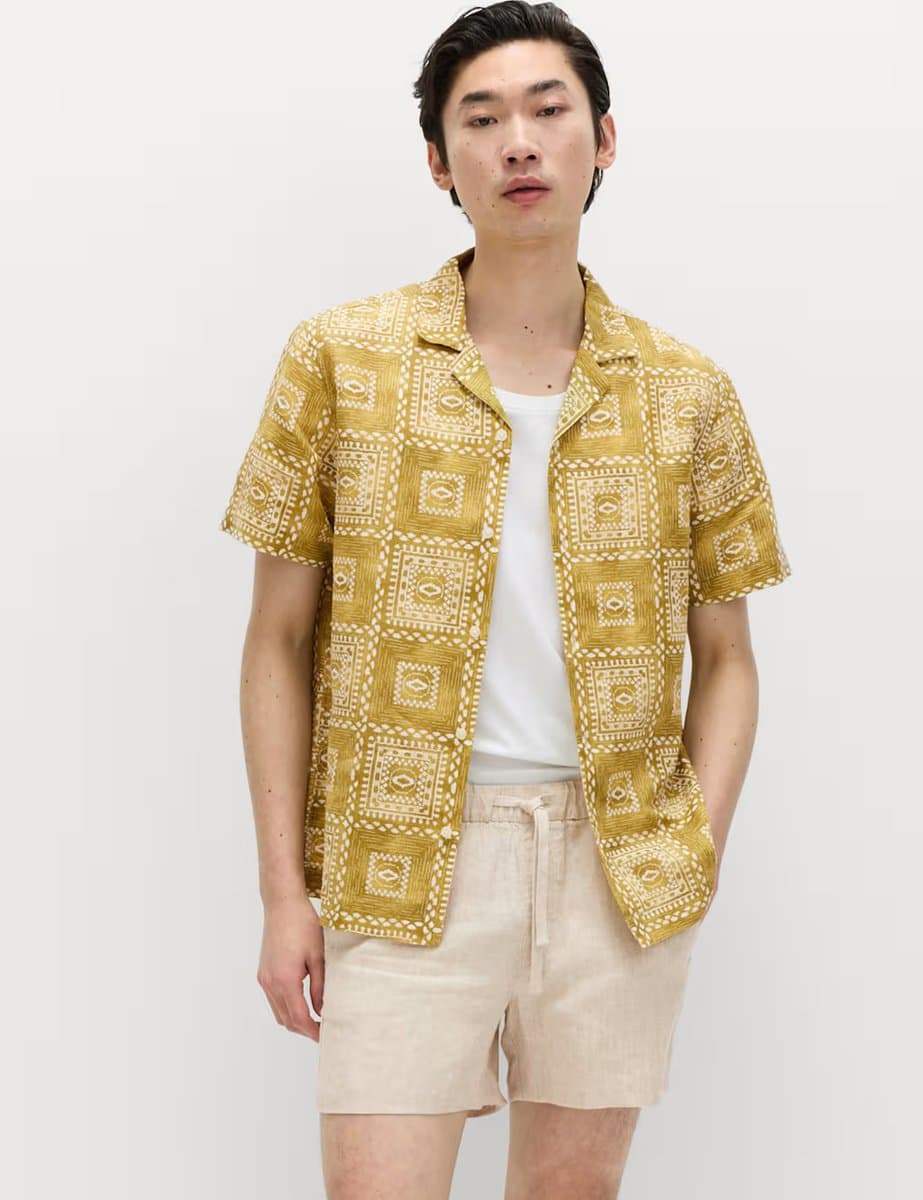 Marks & Spencer M&S Abstract Tile Print Shirt in Olive Mix