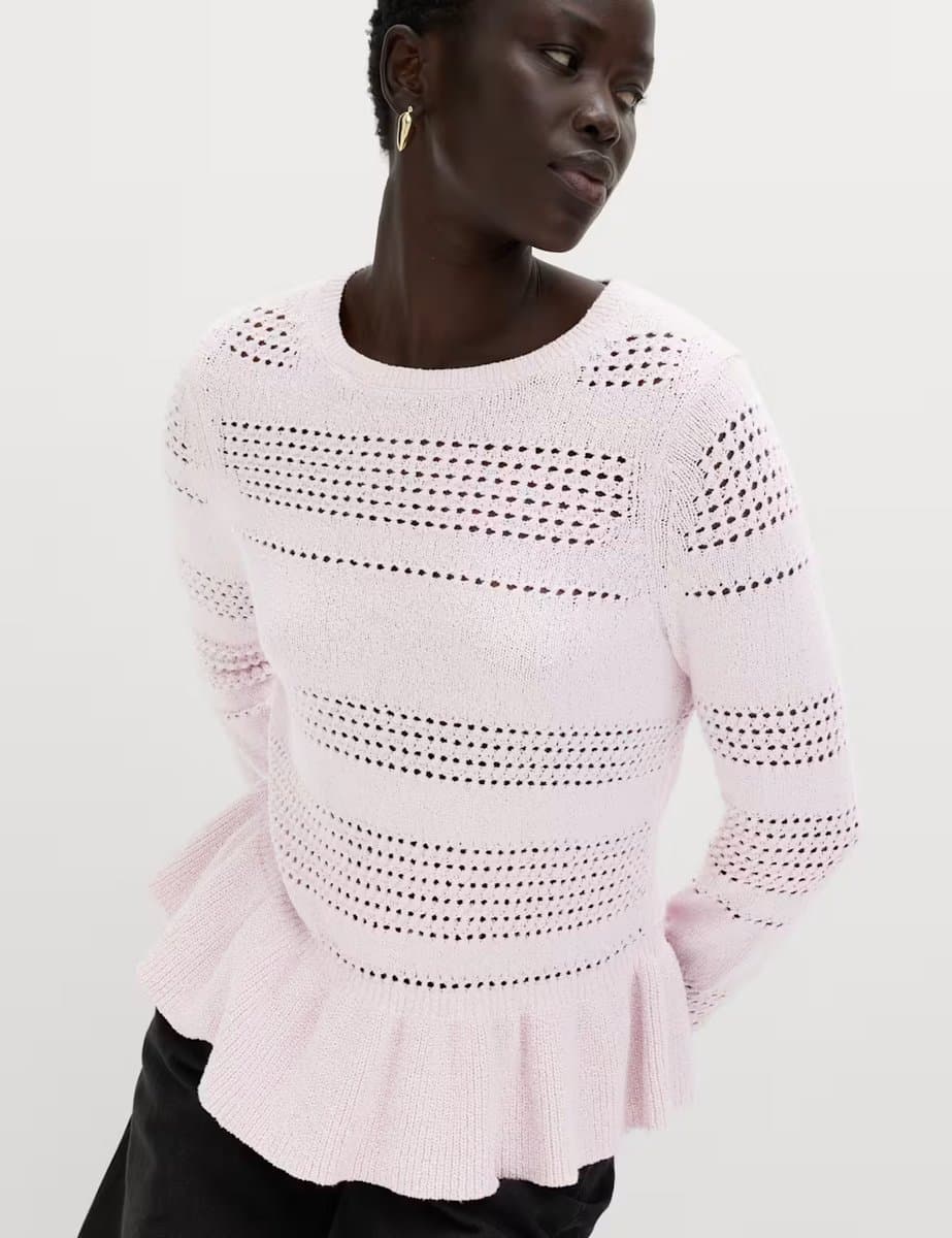 Marks & Spencer M&S Cotton Blend Pointelle Ruffle Jumper Pale Pink